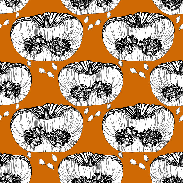 无缝图案黑线艺术切割南瓜和种子上的橙色手绘。10月秋天背景图片下载