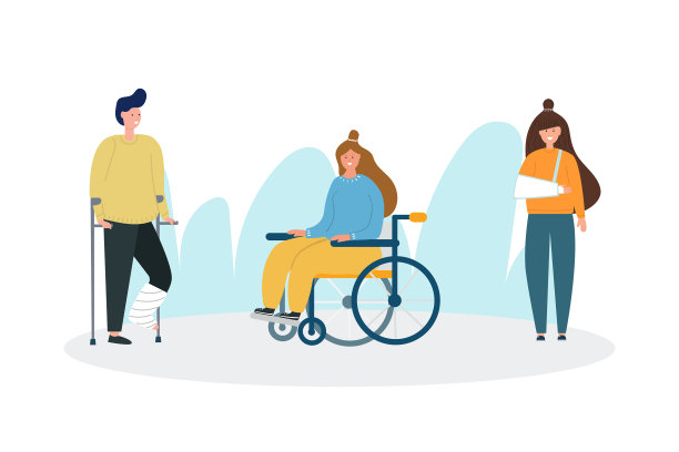 一组照片中有腿上打着石膏的男子，坐轮椅的女孩，手臂骨折的妇女。平坦的插图。图片下载