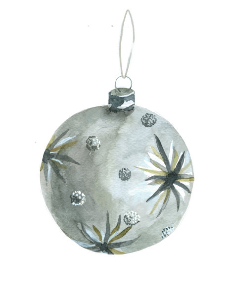 水彩银色圣诞球孤立在白色插图。图片下载