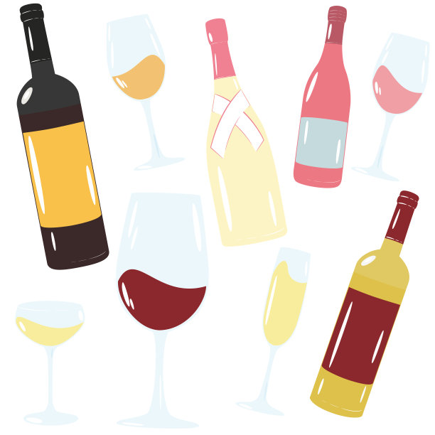 矢量集葡萄酒和香槟酒瓶和玻璃杯。插图在平面风格孤立在白色，红色，玫瑰，白色和香槟。图片下载