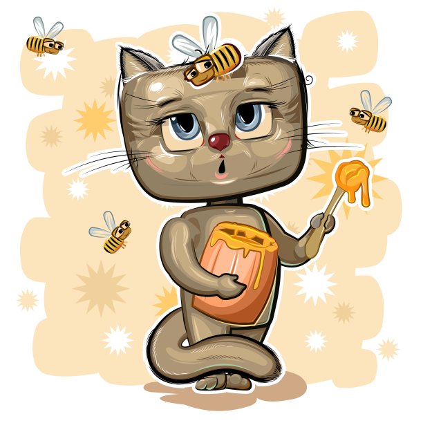 小猫在吃蜂蜜。蜜蜂飞来飞去。他们很善良，但很危险。卡通风格。年轻的幼崽。矢量孤立在白色背景。一个可爱的婴儿。图片下载