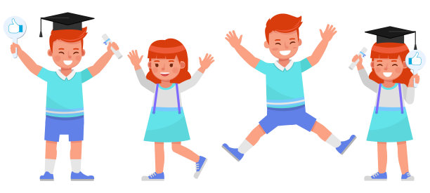 一套儿童角色向量设计。男孩和女孩穿蓝色，白色的衬衫。表现在各种带有情感的动作中。图片下载