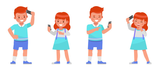 一套儿童角色向量设计。男孩和女孩穿蓝色，白色的衬衫。表现在各种带有情感的动作中。图片下载