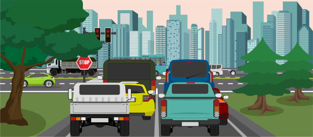 许多汽车停在十字路口的交通灯旁排队。图片下载