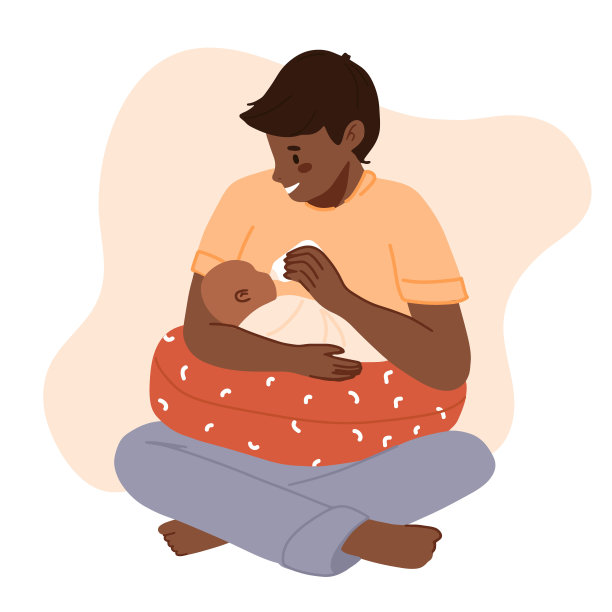 黑皮肤父亲喂养新生儿。婴儿喂养姿势设置。非洲人用奶瓶喂婴儿。父亲节横幅，剪贴画。卡通矢量插图。现代父亲快乐图片下载