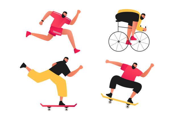 户外运动矢量插画：滑板、自行车、跑步、跳跃图片下载