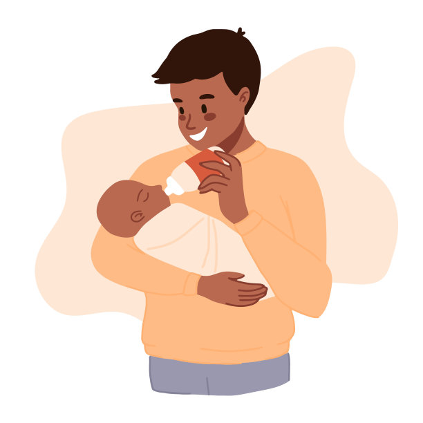 黑皮肤父亲喂养新生儿。婴儿喂养的位置。非洲人用奶瓶喂婴儿。父亲节横幅，剪贴画。卡通矢量插图。现代父亲快乐图片下载