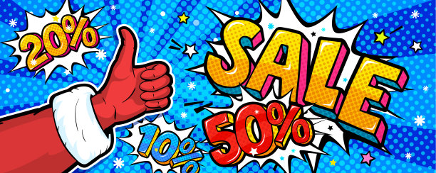 圣诞老人的手在红色套装和手套显示大拇指在波普艺术风格。签名喜欢和圣诞销售信息在流行艺术风格图片下载