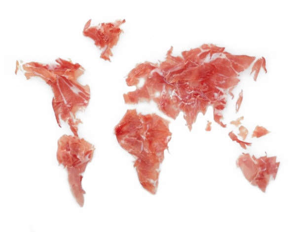 以帕尔马火腿拼成地球大陆形状的照片：食物短缺与素食主义图片下载
