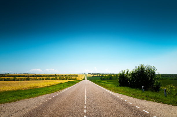 空旷的乡村道路，在一个夏日，与绿色的森林和绿化的两旁图片下载