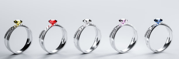 这颗大的多色钻石被许多钻石围绕在铂金戒指上，放置在灰色的背景上。优雅的女性结婚钻戒。三维渲染图片下载