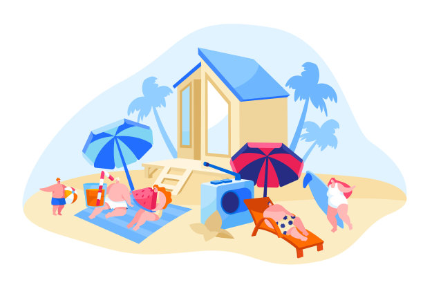 快乐的人放松在海滩家庭角色图片下载