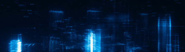 3d渲染广泛抽象的未来夜城市概念。由明亮的粒子制成的透明商业摩天大楼。全息图的建筑。界面元素。建筑数字技术结构图片下载