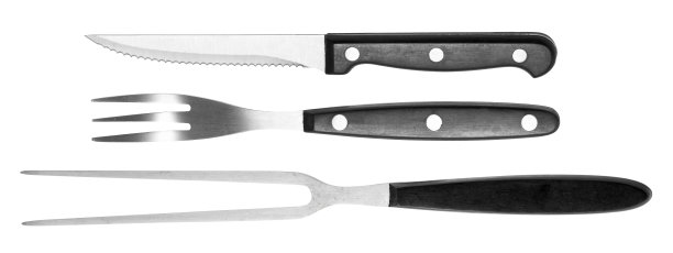 不锈钢厨房用具，牛排孤立在白色背景图片下载