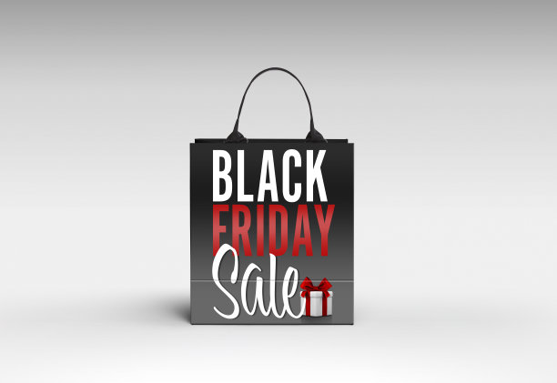 黑色星期五购物概念:黑色购物袋浅灰色背景。3d渲染图片下载