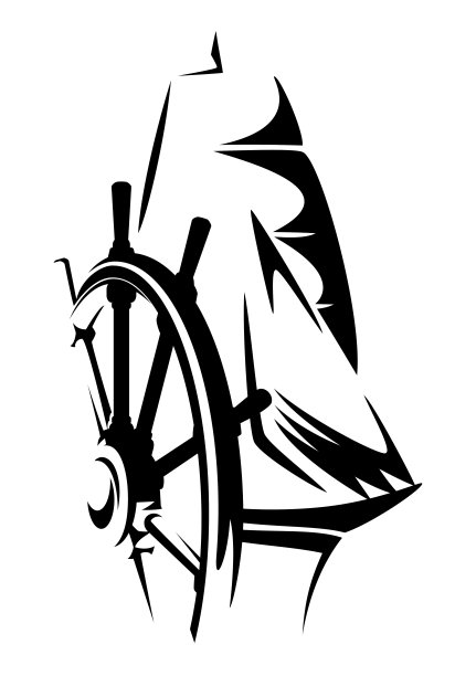 帆船和方向盘黑白矢量设计图片下载