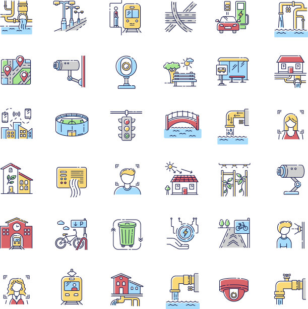 城市基础设施RGB颜色图标集图片下载