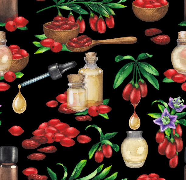 无缝图案的水彩精油装饰枸杞浆果，花和叶图片下载