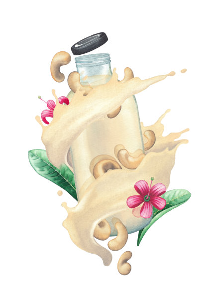 水彩画牛奶流和松果流动周围的玻璃瓶。图片下载