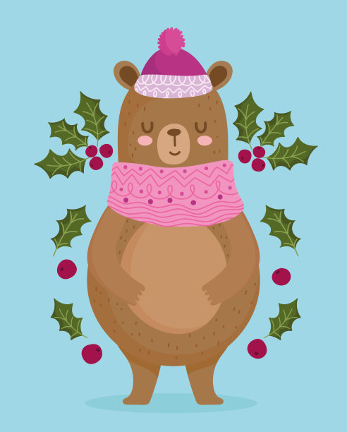 2021年新年快乐，帽子上装饰着冬青浆果的可爱小熊图片下载