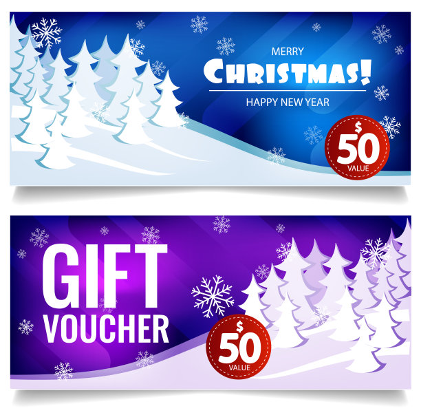 Ð¡hristmas礼券。以冬季雪林为背景。图片下载