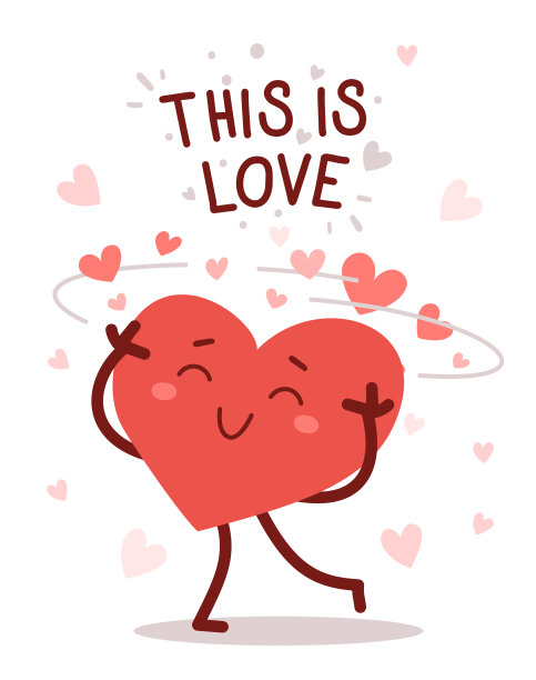 矢量红色可爱快乐的心字符晕眩与爱与微笑和文字在白色的背景。浪漫的平面风格设计情人节插画图片下载