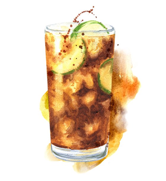 古巴利布莱朗姆酒，酸橙和冰鸡尾酒与水彩溅在白色的背景。含酒精的饮料。图片下载