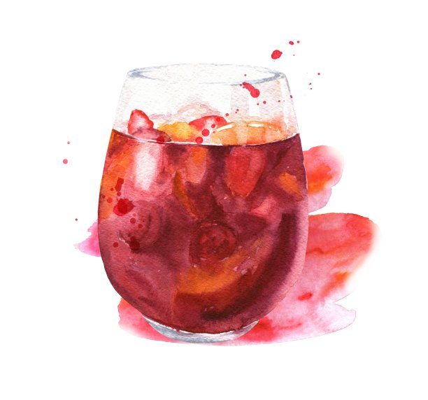 桑格利亚水果和葡萄酒鸡尾酒与水彩溅在白色的背景。含酒精的饮料。图片下载