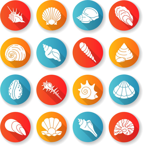 贝壳扁平设计长阴影字形图标集图片下载