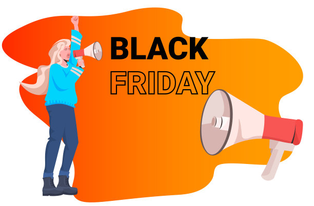 年轻女子在喇叭里尖叫着黑色星期五大减价促销打折概念横冲直撞图片下载