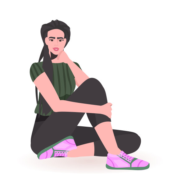 漂亮的女孩在休闲服装女性卡通人物坐姿势全长图片下载