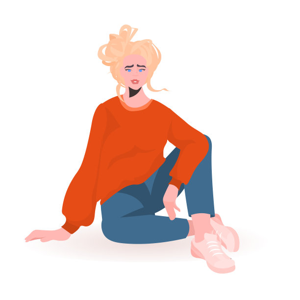 漂亮的女孩在休闲服装女性卡通人物坐姿势全长图片下载