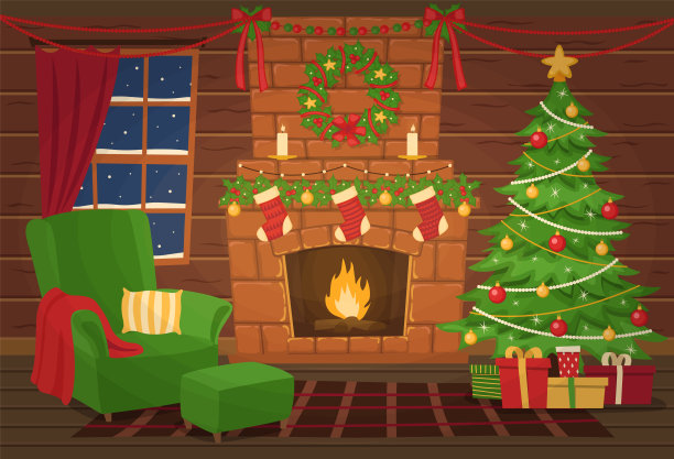 圣诞节的内部。装饰。壁炉旁边有扶手椅和圣诞树。图片下载