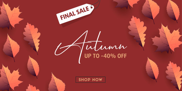 最后的销售海报与秋叶纹理并排，促销内的构图与折扣优惠，深红色的背景图片下载