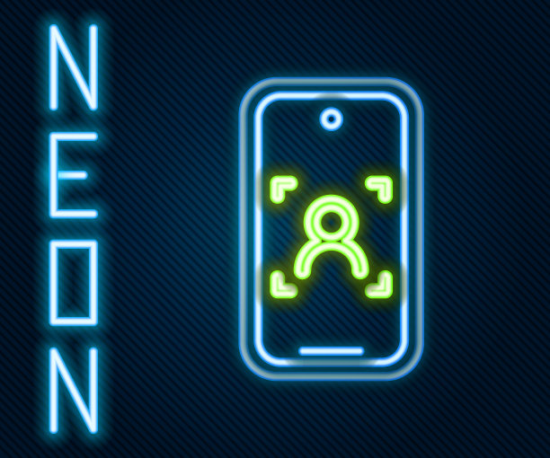 发光的霓虹灯线手机和人脸识别图标孤立在黑色背景。人脸识别扫描仪图标。面部id。网络安全。色彩斑斓的轮廓的概念。向量图片下载