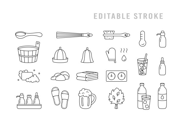 桑拿，可编辑的笔触图标设置。线性象形的经典洗浴工具，榕树配件图片下载