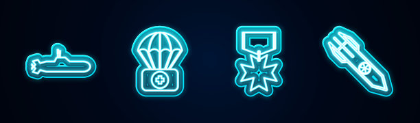 设置绳索潜艇，降落伞和急救箱，军事奖励奖章和核火箭。发光的霓虹灯图标。向量图片下载