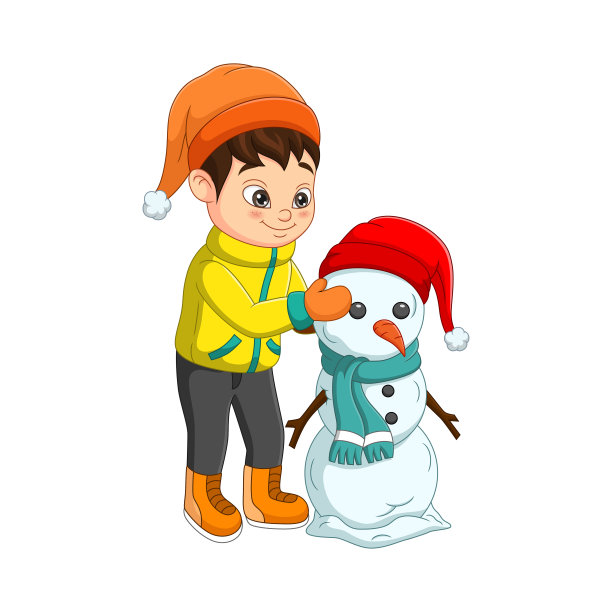 可爱的小男孩正在堆雪人图片下载