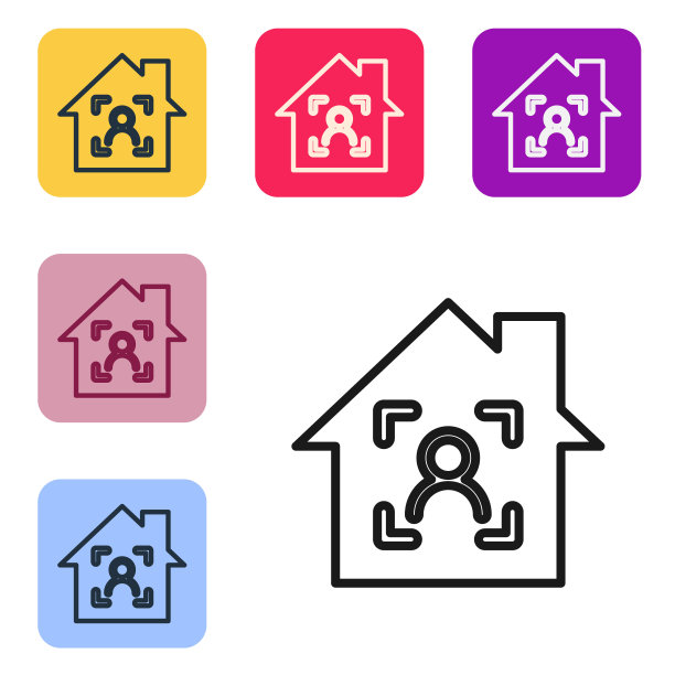 黑线智能家居与人脸识别图标隔离在白色背景。人脸识别扫描仪图标。面部id。网络安全的概念。设置图标的颜色方形按钮。向量图片下载