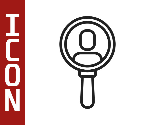 黑线放大镜搜索人图标孤立在白色背景。招聘和选拔。寻找雇员和工作。向量图片下载