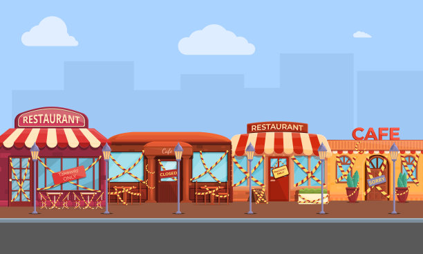 旅游街道有多家咖啡馆和餐馆因疫情关闭，病媒插图图片下载