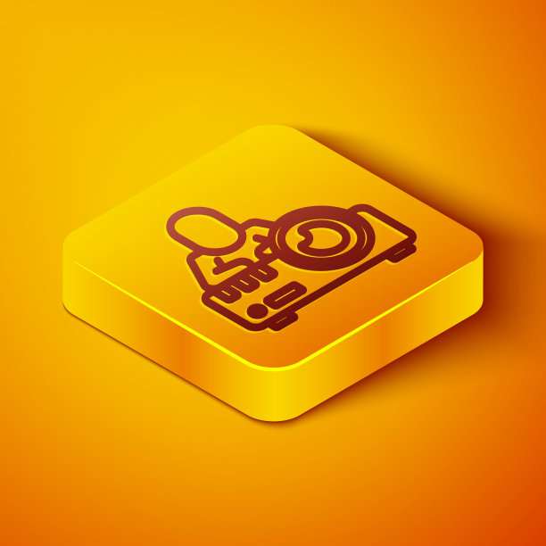 呈现，电影，电影，媒体投影仪图标孤立在橙色背景。黄色正方形按钮。向量图片下载