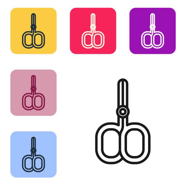 黑线指甲剪刀剪指甲美容院图标孤立在白色背景。修指甲用的美容剪刀。设置图标的颜色方形按钮。向量图片下载