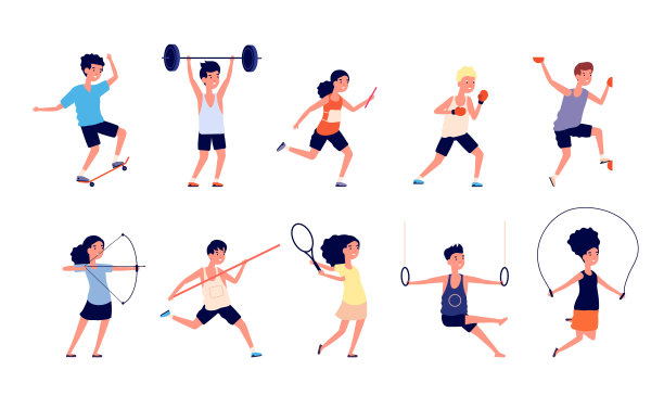 孩子们的活动。体育健儿，活泼的男女性格。儿童运动，玩耍和锻炼。夏季游戏为街道或公园向量集图片下载