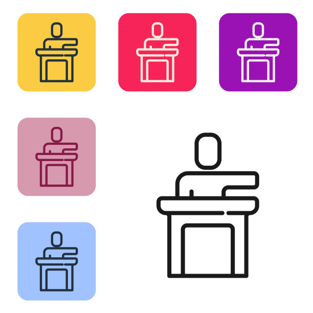 黑线扬声器图标孤立在白色背景。从论坛上发表演说的人。公众演讲。人在讲台上。设置图标的颜色方形按钮。向量图片下载