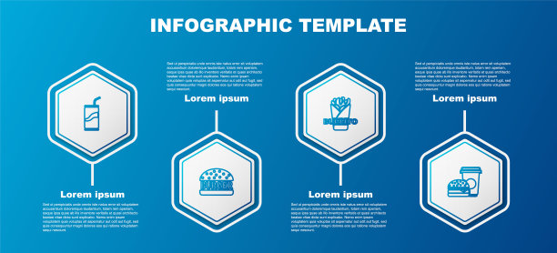 设定线汽水罐与饮用吸管，汉堡，玉米煎饼和咖啡和汉堡。业务信息模板。向量图片下载