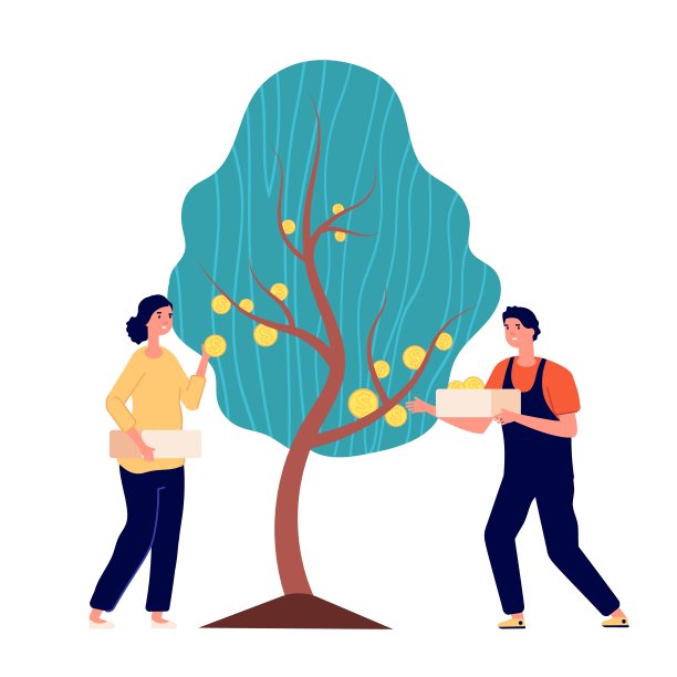 投资的利润。财务树，现金钱和商人战略收入。经济收益隐喻，成功投资向量概念图片下载