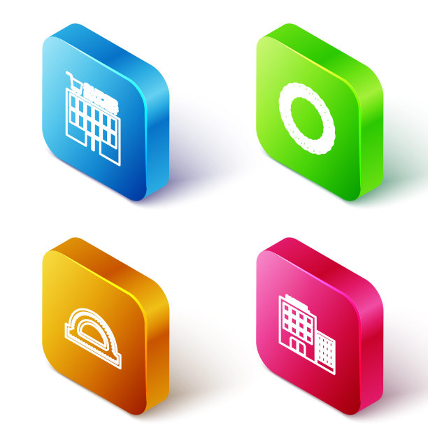 设置等距线超市大楼，月桂花环，量角器网格和酒店图标。向量图片下载