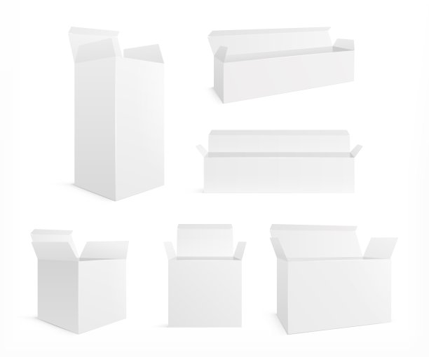 打开真实的盒子。白色纸箱打开盒子。空白化妆品包装和容器模型。孤立空白药品或礼品包装矢量集图片下载