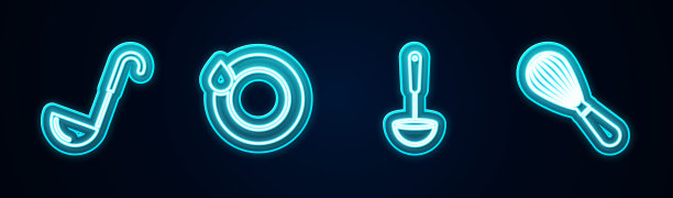 摆线厨房勺，洗碗和打蛋器。发光的霓虹灯图标。向量图片下载